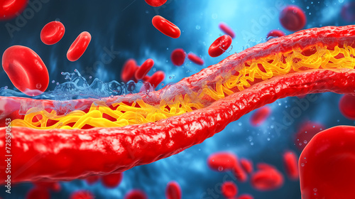 3D image of a clogged artery showing plaque. Coronary disease atherosclerosis healthy diet concept