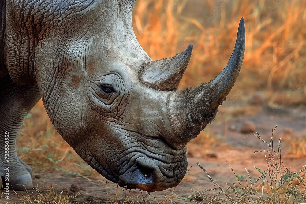 Fototapeta premium A majestic white rhinoceros stands proudly in the grassy field, its powerful snout and distinctive horn representing the resilience and beauty of these endangered terrestrial animals in the wild