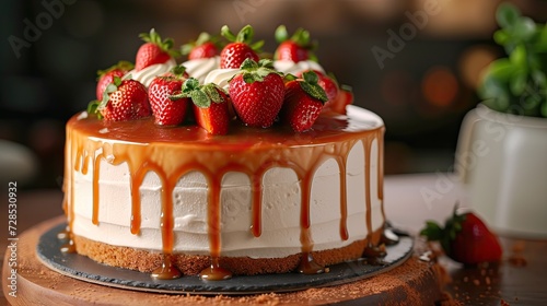 Caramel strawberry cake. Generative AI photo