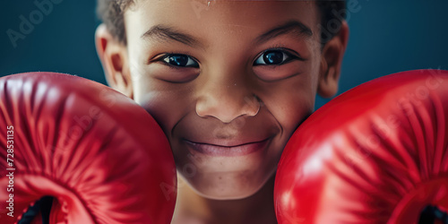 Smiling african Child Boy with Red Boxing Gloves. Close-up of a cheerful young boy with red boxing gloves looking confident, copy space. © dinastya