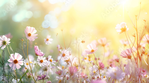 Elegant floral banner with pink cosmos flowers in the field in pastel colors golden sunlight. Airy atmosphere. For Easter mother's day women's day concept