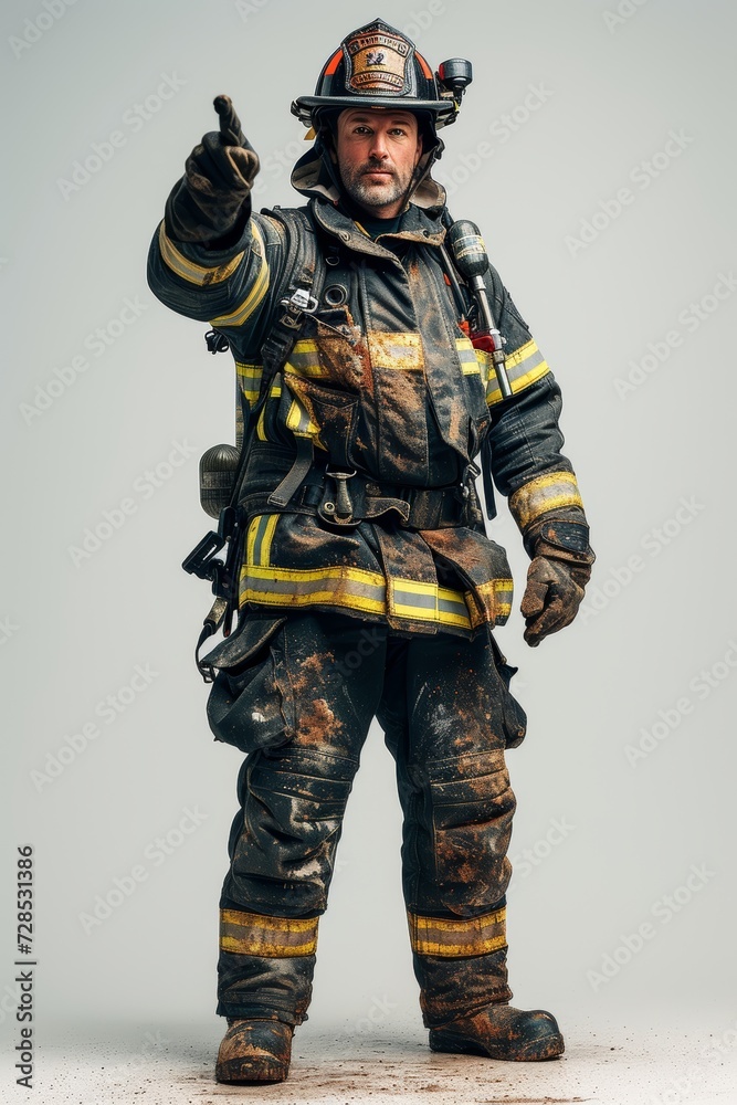 portrait of a firefighter in uniform pointing portrait of a firefighter in uniform pointing