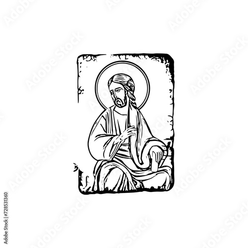 Orthodox vintage stamp of Jesus. Christian illustration black and white in Byzantine style 