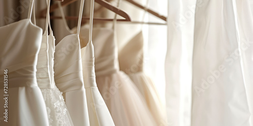 Elegant Wedding Dresses on Hangers. White lace wedding  display. Simple sunny background wallpaper for wedding dresses shop banner. photo