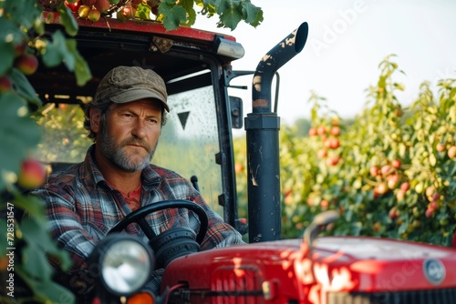 A rugged man in a red hat sits confidently atop his trusty tractor, surrounded by the sprawling outdoor landscape and towering trees as he navigates his powerful land vehicle with ease