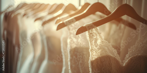 Elegant Wedding Dresses on Hangers. White lace wedding display. Simple sunny background wallpaper for wedding dresses shop banner.