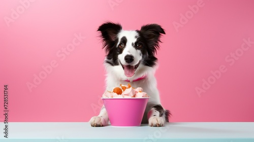 a front view of cute dog eating Plain yogurt in a bowl on a bright colored background_.jpg © Asad