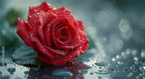 Close-up of a dew-covered red rose lying on a wet surface with a blurred blue background.