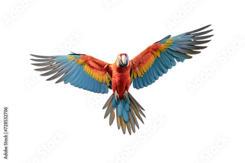 Close-up shot of a macaw spreading its wings and flying isolated on white transparent background. © venusvi