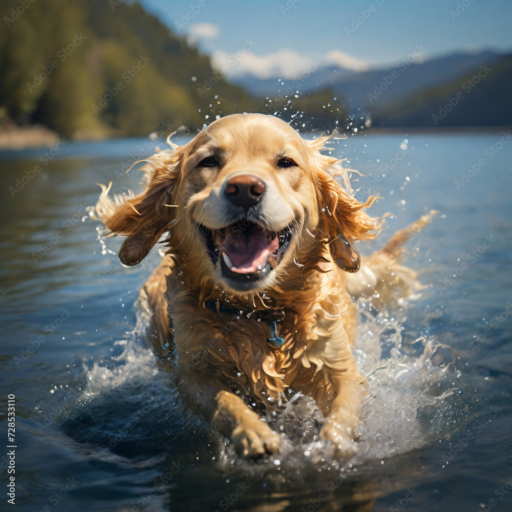 A Golden Retriever splashing joyfully in a lake