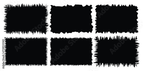 Torn paper pieces set. Black rectangle frames with jagged edges. Ripped rectangular shape silhouettes collection. Textured grunge element bundle for collage, text box, banner, sticker. Vector
