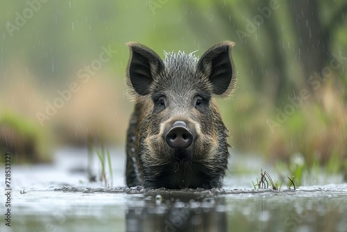 A curious swine stands confidently in the shimmering water, its snout raised in wonder as it embraces its wild and playful nature in the great outdoors
