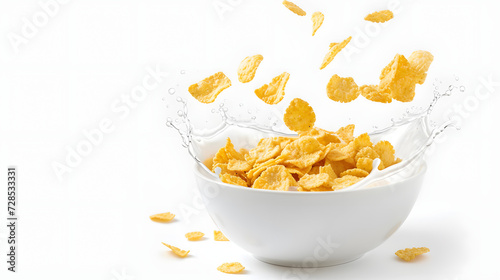 Corn flakes with milk splash in white bowl isolated on white background 