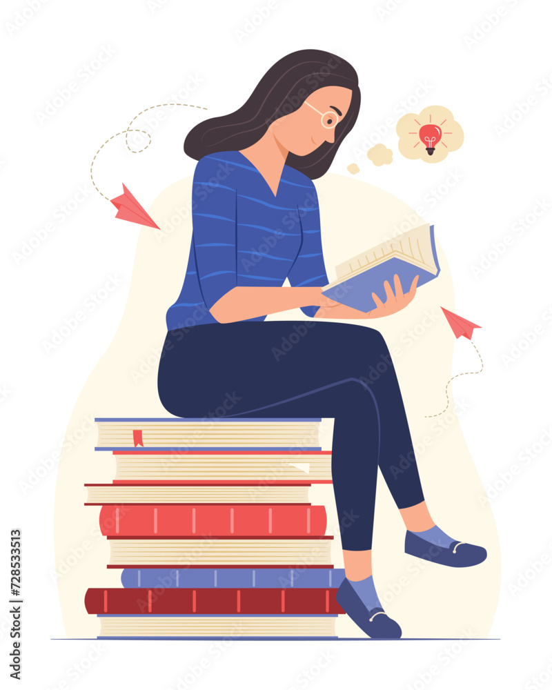 Woman Sitting on Pile of Books and Thinking Creative Idea while Reading a Book Concept Illustration