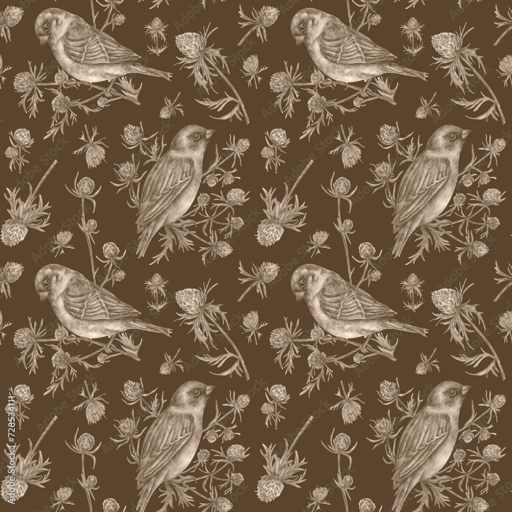Large watercolor seamless pattern with birds and plants. Monochrome botanical handmade design for banners, prints, decor, interior design, textiles.