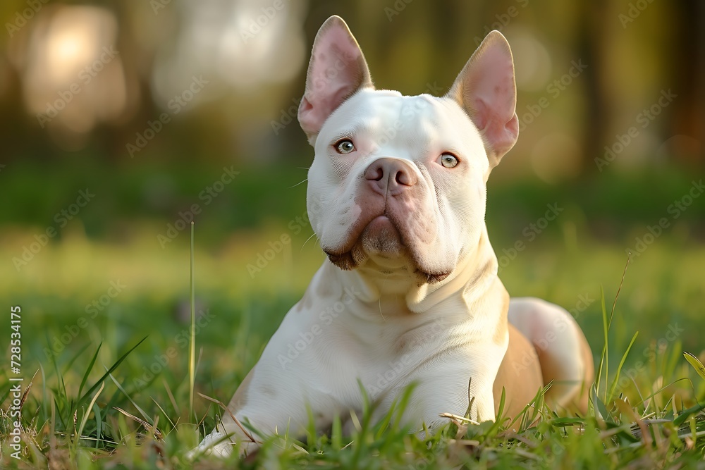 white American Bully dog on grassy lawn, in the style of intense and dramatic lighting, American Bully 
