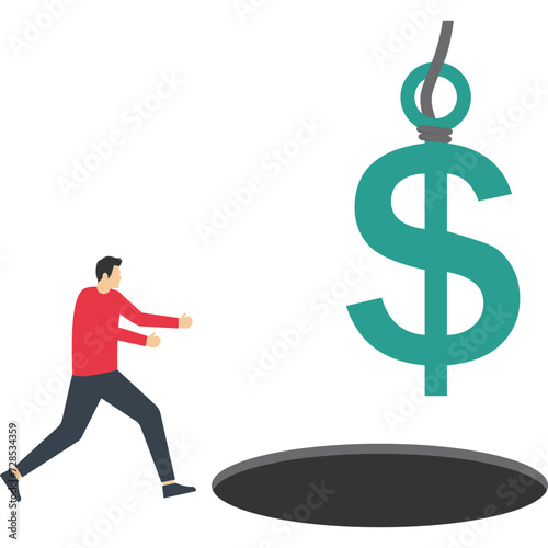 investment problem concept. Money traps lure greedy people, and businessmen get into wooden box traps to get dollar banknotes. illegal investment scams, financial scams, risky businesses, and dubious 