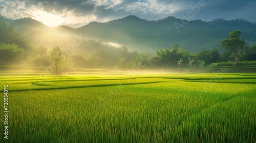 Morning rice paddy field. Generative AI photo