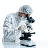 A scientist examining a new compound under a microscope isolated on white background, minimalism, png
