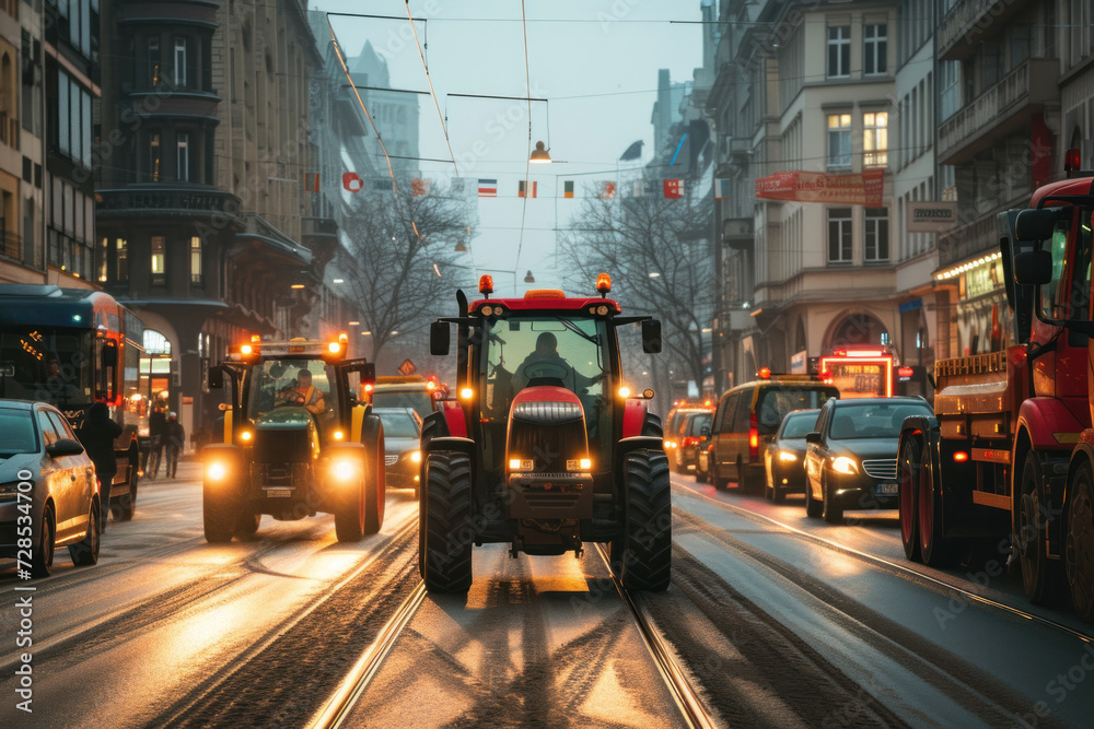 Farmers' strike on tractors. Protest of tractor drivers on the streets of a European city. Rally, demonstration and manifestation expression of discontent - obrazy, fototapety, plakaty 