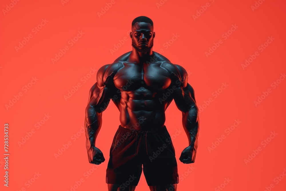 Silhouette of a muscular man posing against a red background, showcasing strength and fitness.