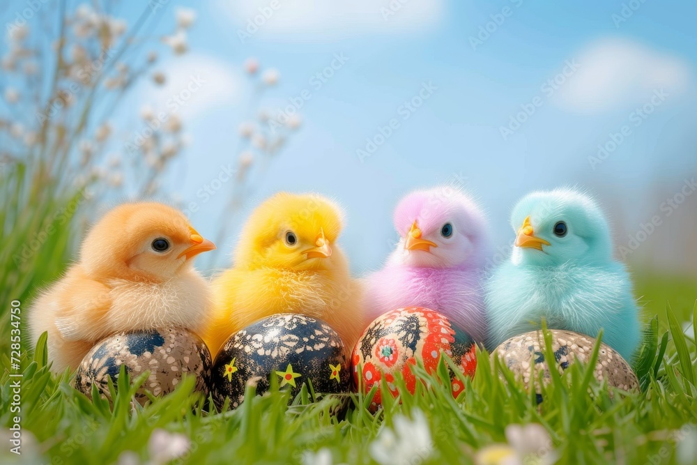A fluffy flock of newly hatched chicks gather around vibrant easter eggs in a lush grassy field, gazing up at the vast blue sky with their tiny beaks, creating a charming scene of youthful innocence 