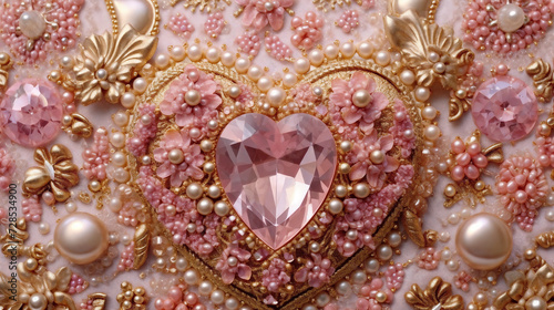 a heart shaped brooch with pearls and other jewels on a tablecloth with a pink heart surrounded by pearls, generative ai