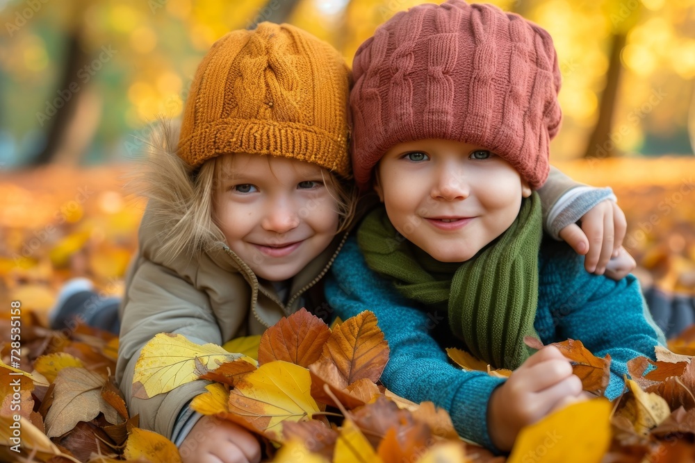 A young boy and girl, both with bright smiles and dressed in autumn clothing, lay peacefully on a bed of leaves under the warm sun, their bonnet and hat adding a touch of whimsy to the outdoor scene A young boy and girl, both with bright smiles and dressed in autumn clothing, lay peacefully on a bed of leaves under the warm sun, their bonnet and hat adding a touch of whimsy to the outdoor scene