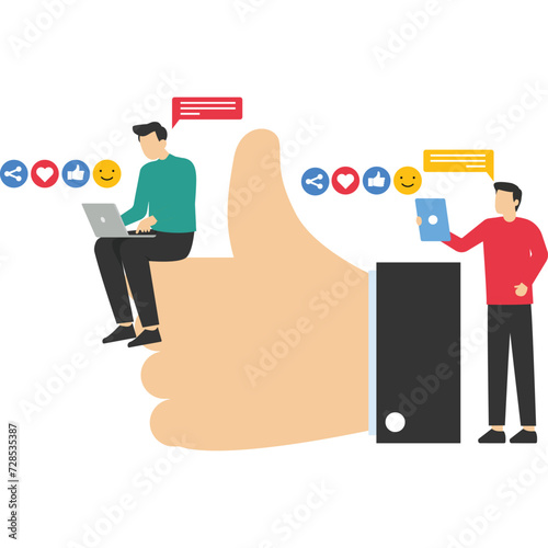People With Social Media Icons Standing Around Big Thumb Up. Male and female followers give likes on social media. Customer Review Rating. Internet Marketing, SMM in Business. Vector illustration.