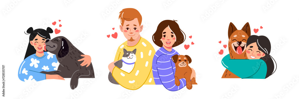 Vector portraits of pet owners. People hug, hold adorable dogs and cats in their arms. A flat graphic illustration for a mobile application or website Vector portraits of pet owners. People hug, hold adorable dogs and cats in their arms. A flat graphic illustration for a mobile application or website
