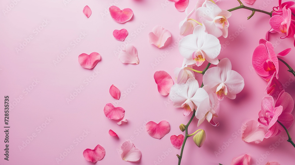 Valentine's Day Themed Orchids Laying on Pastel Pink Flat Lay with Heart-Shaped Petals - With Copy Space in Tender Feminine and Romantic Color Tones Valentine's Day Themed Orchids Laying on Pastel Pink Flat Lay with Heart-Shaped Petals - With Copy Space in Tender Feminine and Romantic Color Tones