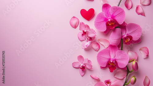 Valentine s Day Themed Orchids Laying on Pastel Pink Flat Lay with Heart-Shaped Petals - With Copy Space in Tender Feminine and Romantic Color Tones