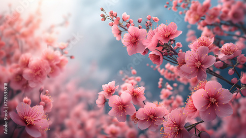Pink cherry blossoms blooming in a spring garden, surrounded by vibrant nature, including pink flowers, branches, and peach blossoms under a blue sky