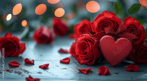 Red roses and heart with soft bokeh lights, symbolizing love and romance.