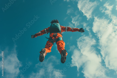 Back view of a skydiver wearing orange suit and protective helmet in free fall. Athlete with parachute against the background of blue sky with white clouds.