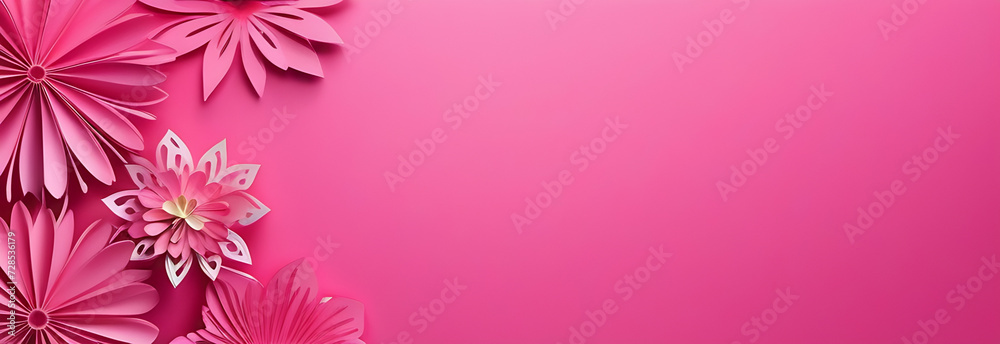 Fototapeta premium Spring flowers in paper cut style with copy space pink background