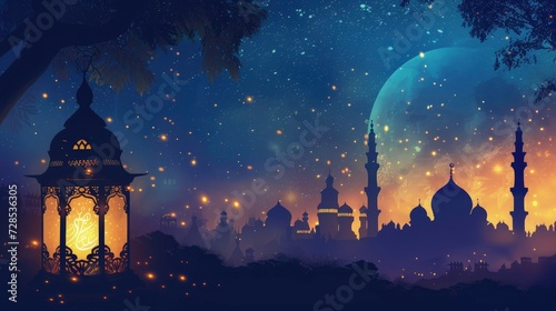 Arabic lantern with mosque, Ramadan kareem background with dark mosque silhouette  © Divine123victory
