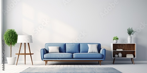 Blue sofa, rug, wood table in white flat. © Vusal