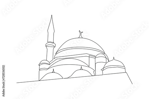Continuous one line drawing Kabaah alharam and mosque concept. Doodle vector illustration. photo