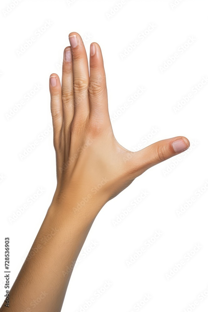 Woman hand shows stop gesture isolated on white background, with clipping path. Five fingers. Full Depth of field. Focus stacking. Generative AI Woman hand shows stop gesture isolated on white background, with clipping path. Five fingers. Full Depth of field. Focus stacking. Generative AI