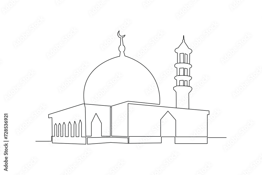 Continuous one line drawing Kabaah alharam and mosque concept. Doodle vector illustration.