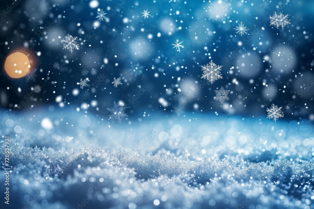 Falling snowflakes on night sky white background. Bokeh with white snow and snowflakes on a blue background, Generative AI Falling snowflakes on night sky white background. Bokeh with white snow and snowflakes on a blue background, Generative AI