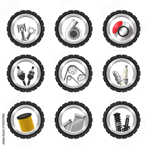 Car parts set. Vector 3D icons isolated on white background.