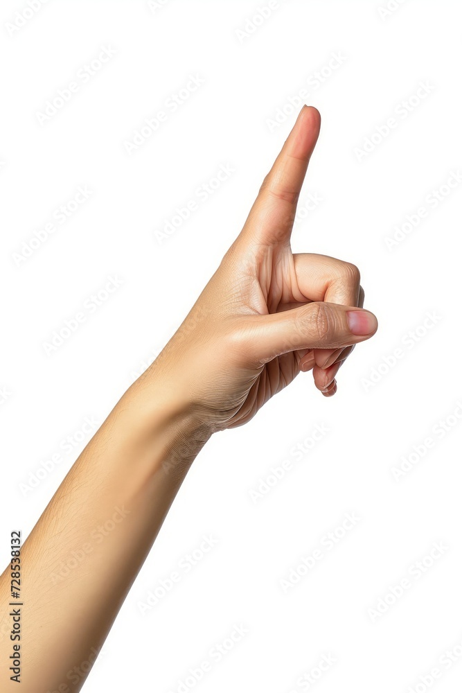 Woman hand pointing, touching, pressing or counting isolated on white background, with clipping path. Full Depth of field. Focus stacking, Generative AI Woman hand pointing, touching, pressing or counting isolated on white background, with clipping path. Full Depth of field. Focus stacking, Generative AI
