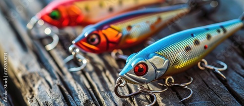 Minnow spinning lures on wooden surface.