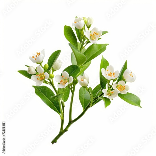 Blossoming branch of orange tree branch and flowers isolated on white background with clipping path. Full Depth of field. Focus stacking. Generative AI