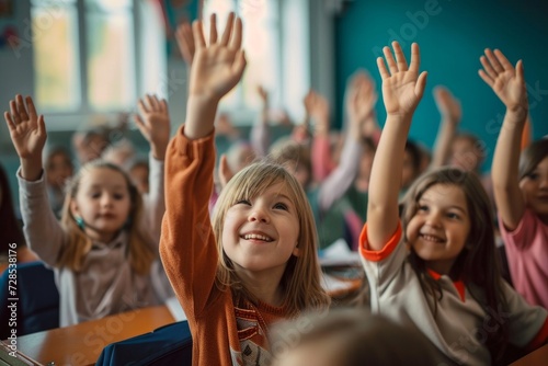 Students raising their hands in class at the elementary school, Generative AI