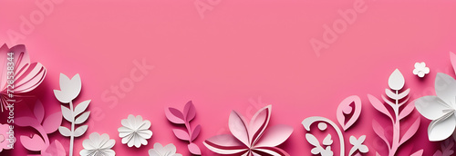 Spring flowers in paper cut style with copy space pink background 