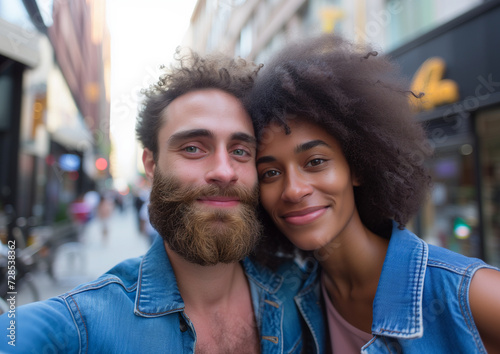 Outside Portrait of young happy couple in denim clothes.