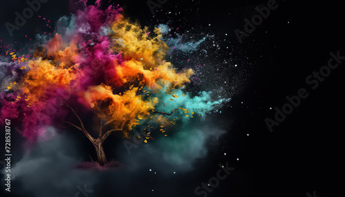 Multicolored tree made of dust on black background